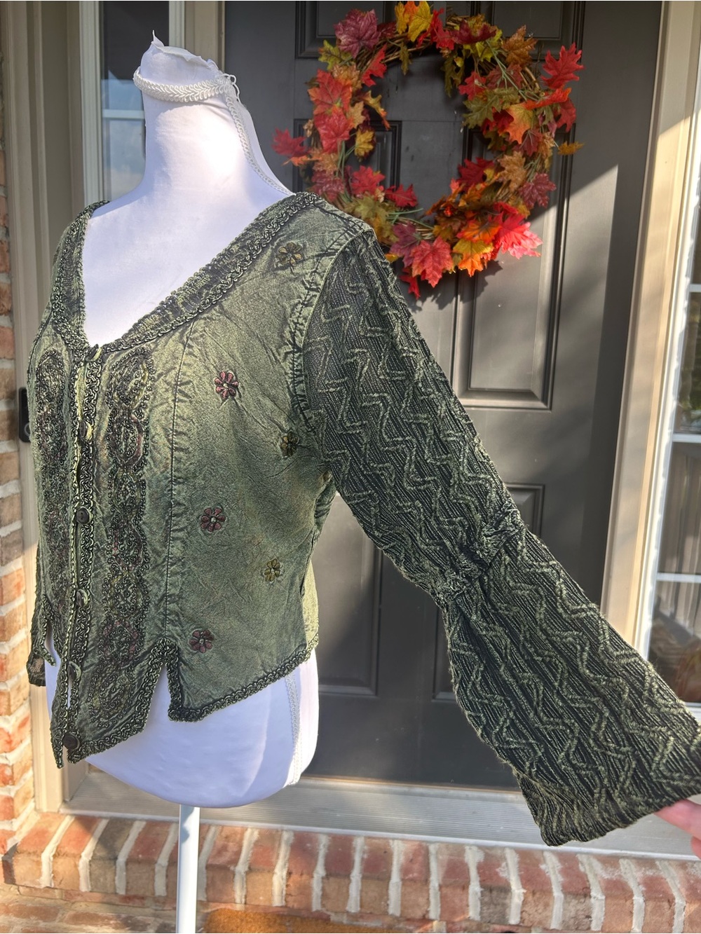 Vintage 90s Olive Green Embroidered fairycore corset Laceup romantic top gvc S